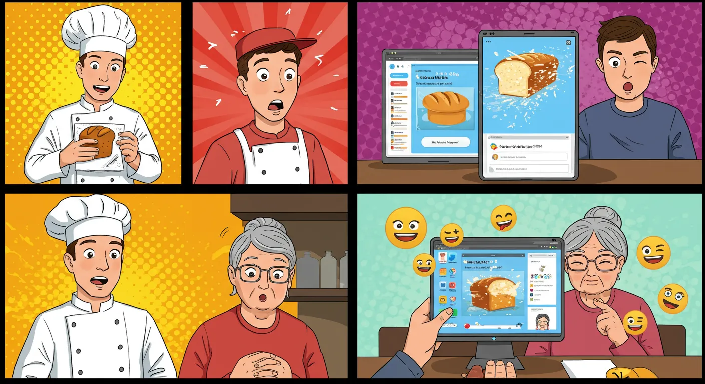 Illustration of a baker creating a plugin with Kairos WP™ and his grandma using it in an online store.