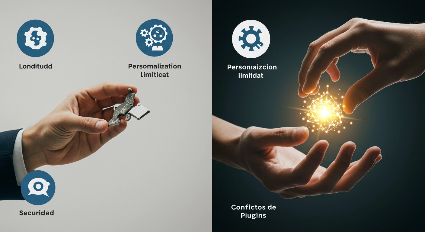 Illustration of the 5 common WordPress challenges with icons representing slowness, security, customization, and custom solutions.