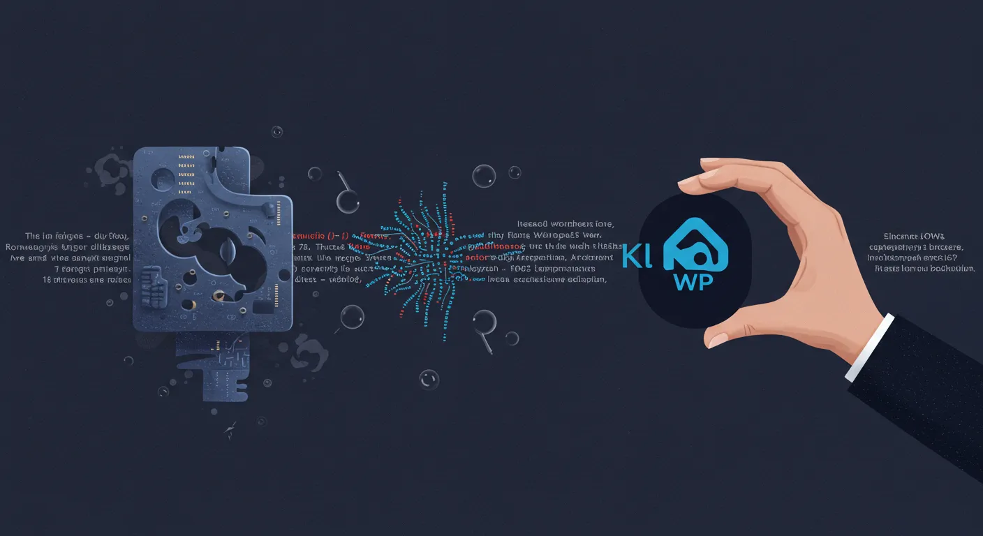 Conceptual illustration of WordPress problems (jammed gears, tangled code) being solved by a hand with the Kairos WP logo.