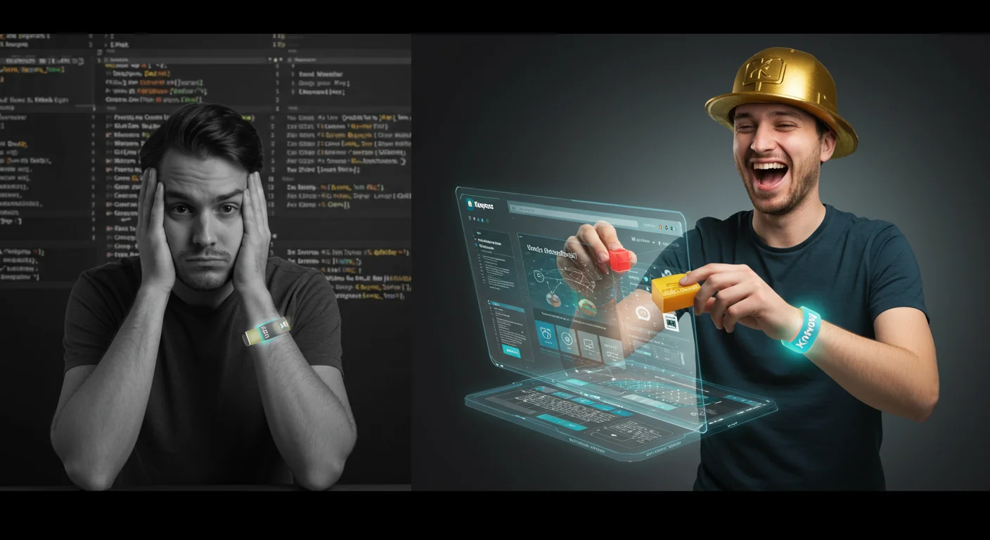 Visual comparison: stressed man facing code vs. happy man using Kairos WP to create his e-commerce.