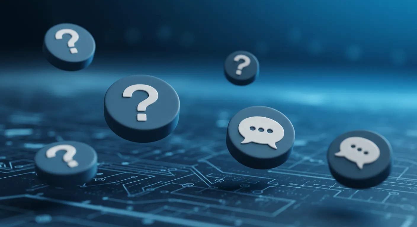 Question mark and speech bubble icons over an abstract tech background, representing Kairos WP frequently asked questions.
