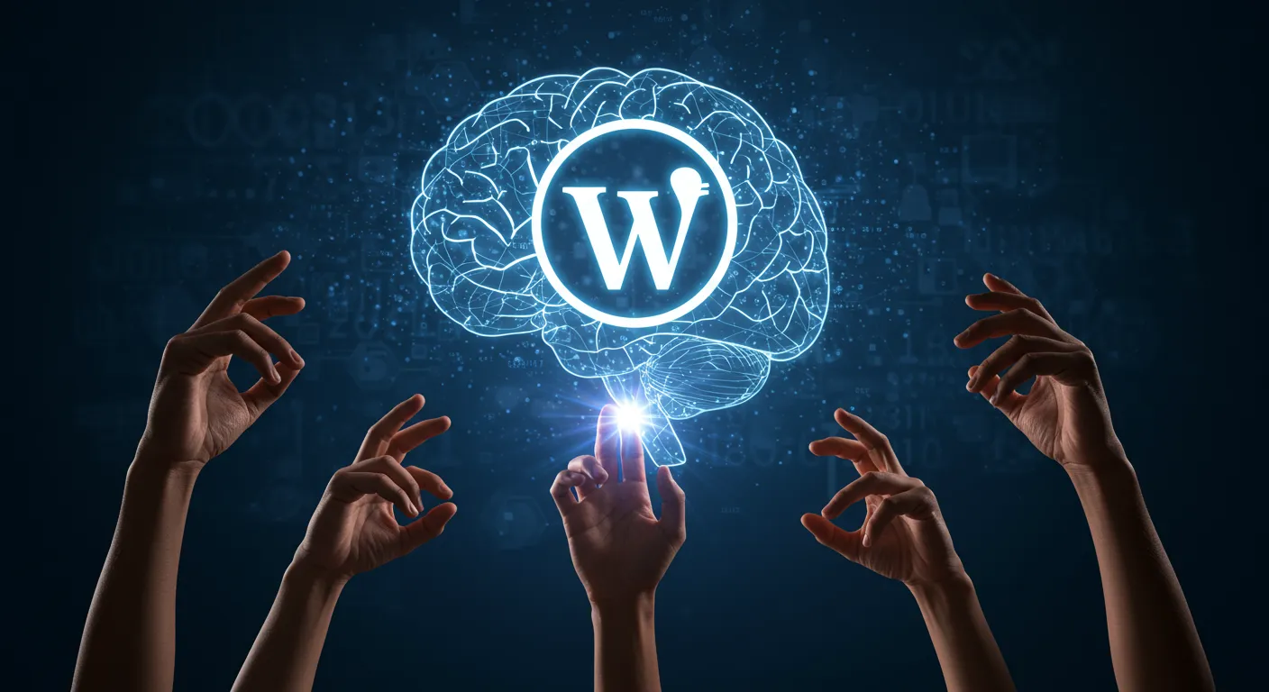 Diverse hands reaching for a glowing WordPress logo emerging from an AI brain, symbolizing the democratization of development.