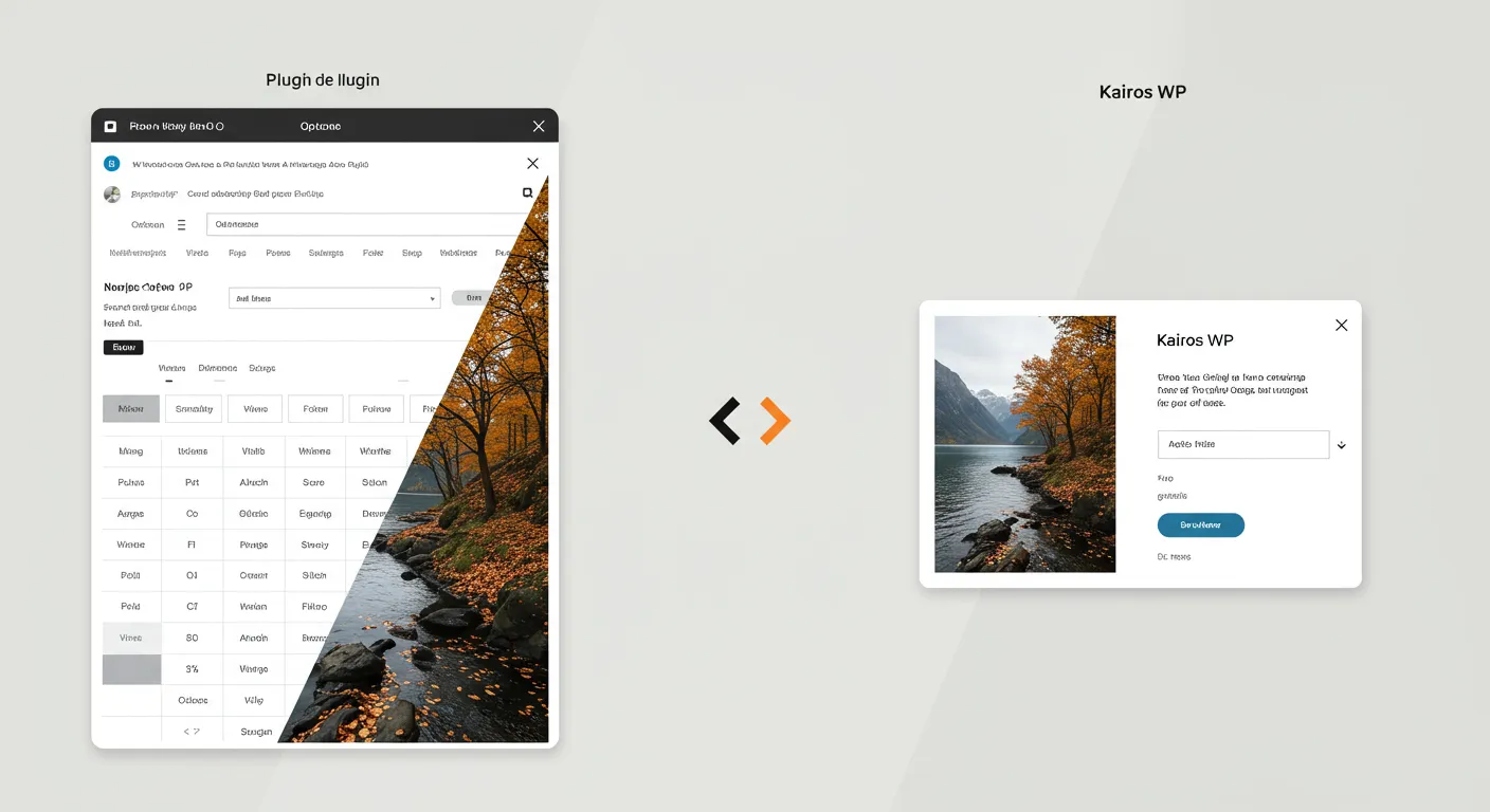 Visual comparison: on one side, a complex gallery plugin interface; on the other, Kairos WP's clean interface creating a custom gallery.