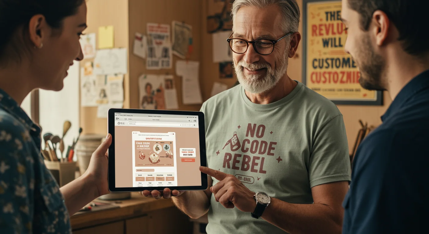 Smiling mature person with 'No Code Rebel' t-shirt showing tablet with crafts e-shop plugin, younger person looking on, in creative workshop.