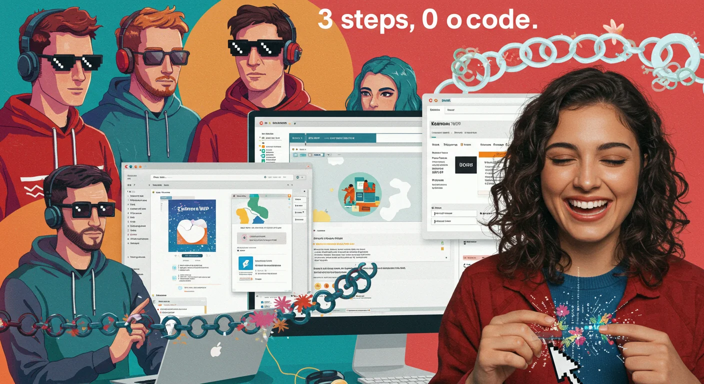 Vibrant collage of 80s-style creative hackers reinvented, using Kairos WP to create complex plugins without code, with a woman breaking binary code chains transforming into flowers.