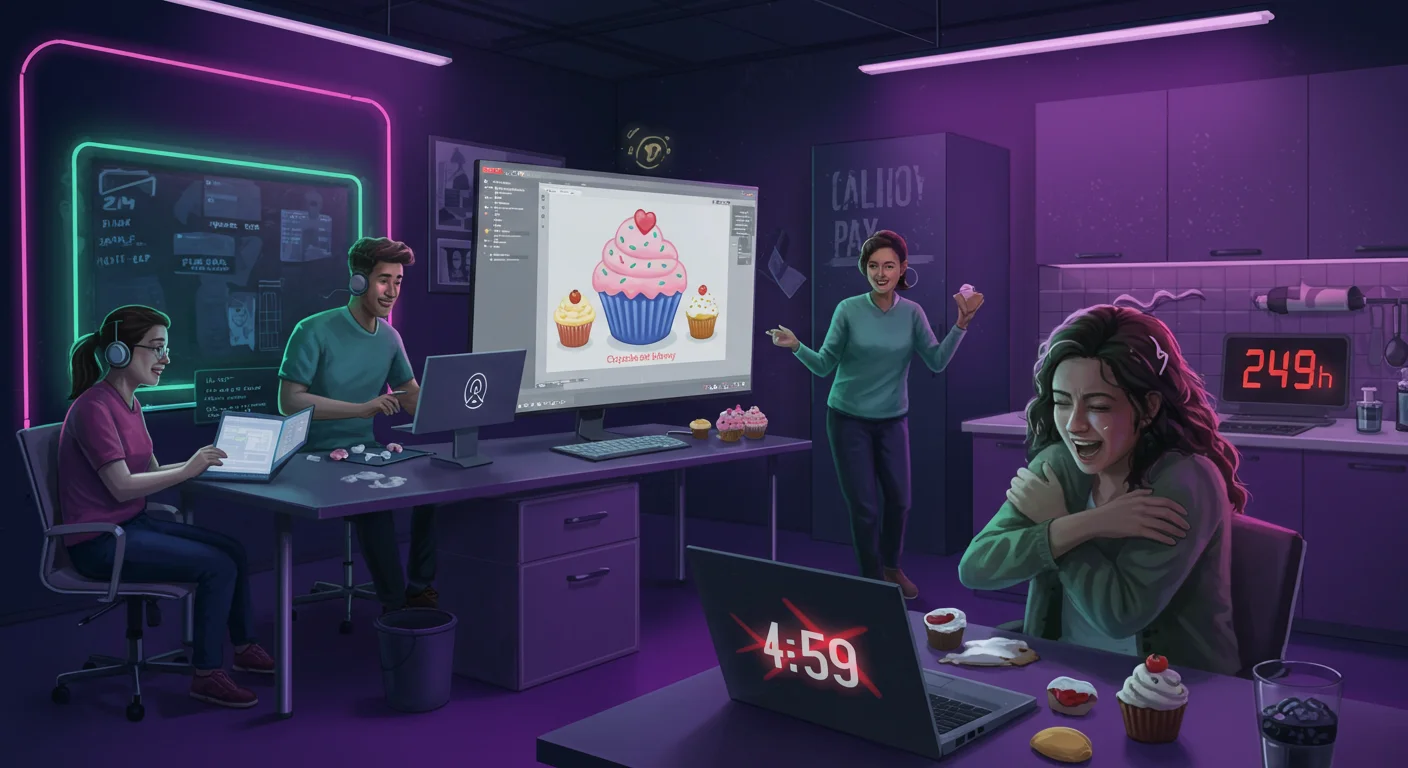 Kairos WP team creating a cupcake shop plugin live, based on user comments, in a neon-lit studio.