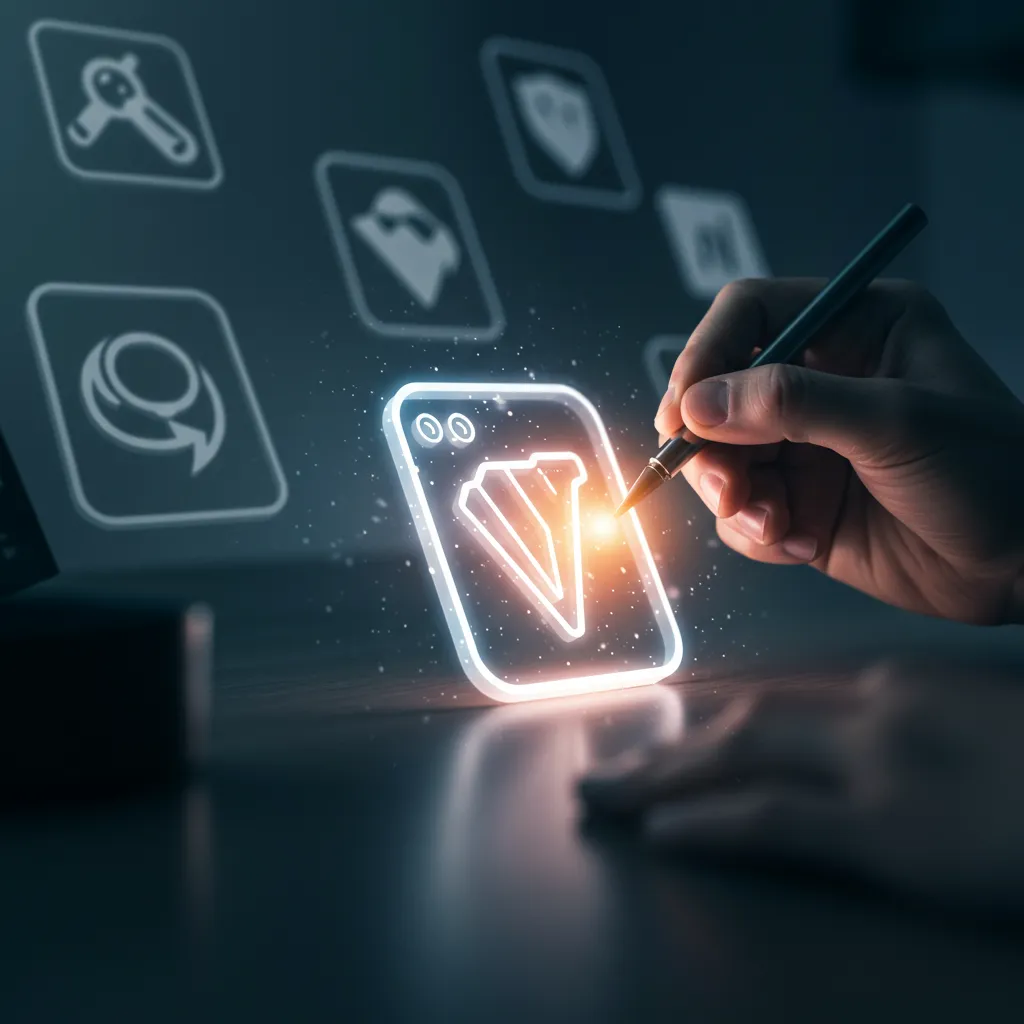 AI artist crafting a unique, glowing WordPress plugin icon, with other generic icons blurred in the background, showcasing Kairos WP's originality.