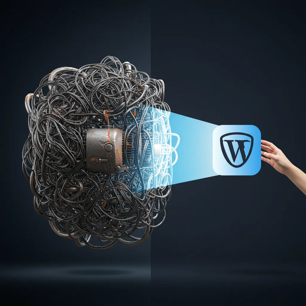 Visual metaphor: complex, heavy machine transformed by AI into a lean, efficient WordPress plugin icon, by Kairos WP.