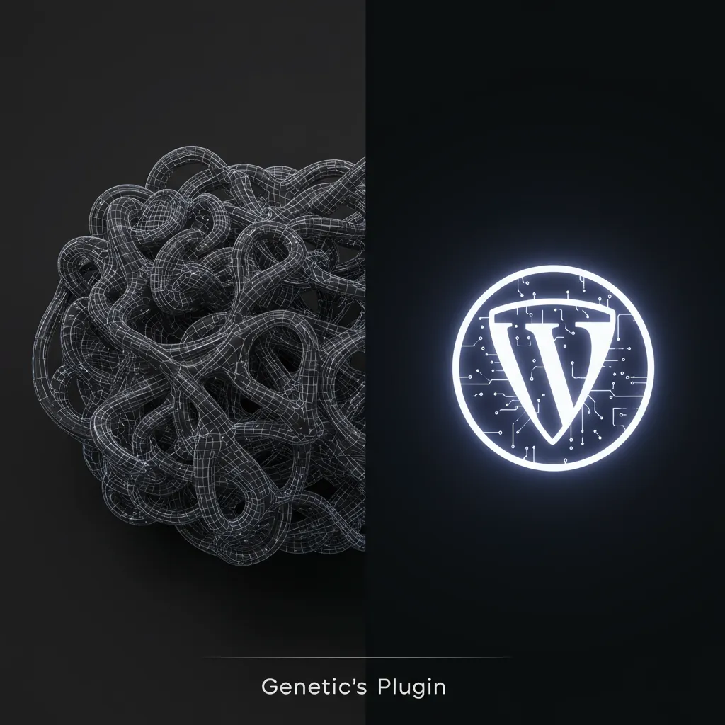 Visual comparison: tangled generic plugin blueprint vs. sleek, glowing plugin icon created by Kairos WP's AI.