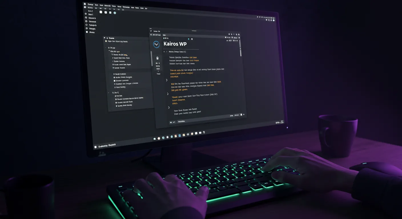 First-person view of hands typing on Kairos WP 'plugin that turns posts into reggaeton songs', with a music producer laughing ecstatically in the background seeing the result.