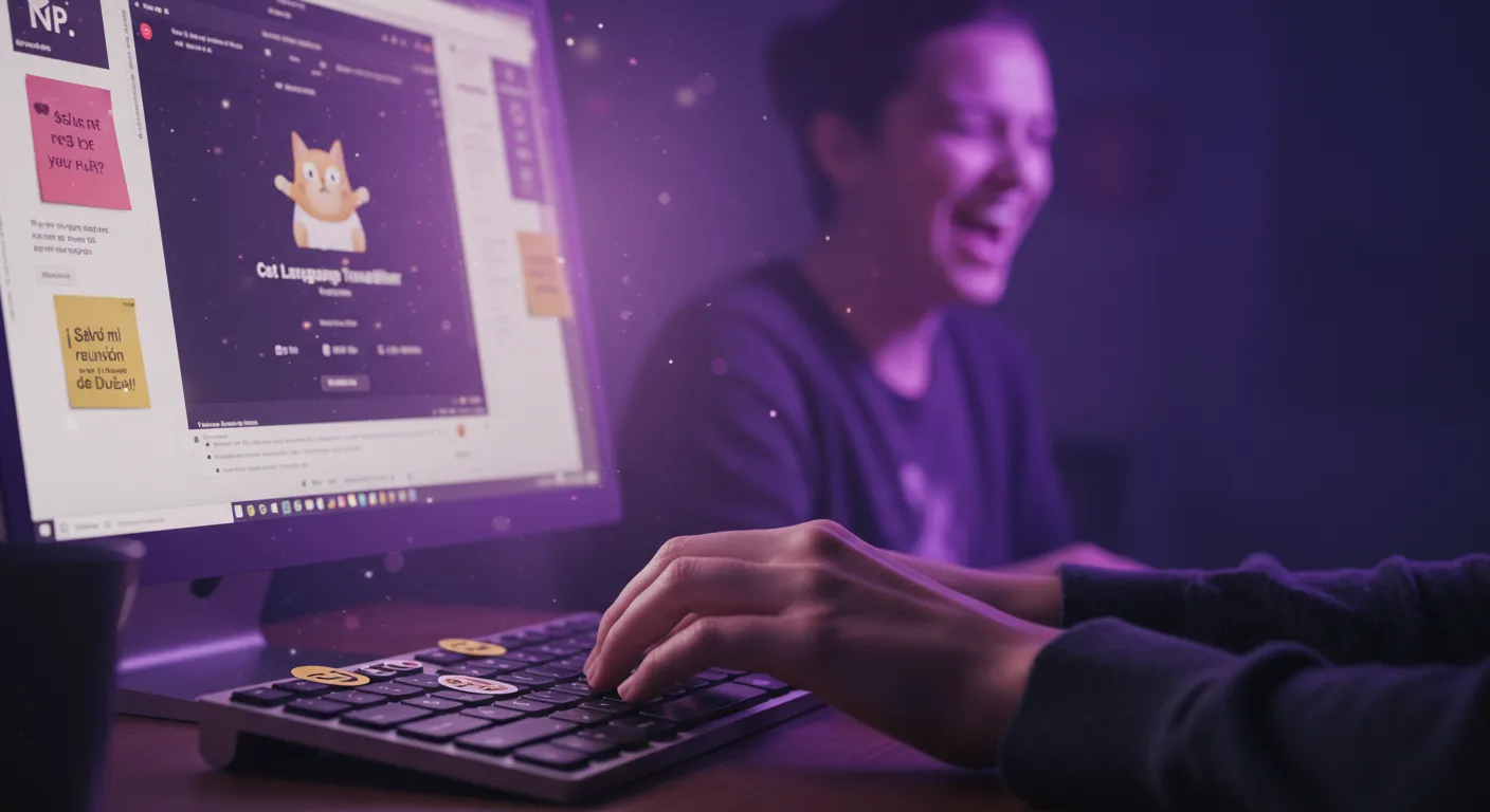Hand typing on a keyboard with absurd emoji stickers, screen shows Kairos WP with 'Cat Language Translator' plugin translating text to 'Meow, meow, purr', user laughing surprised in the background.