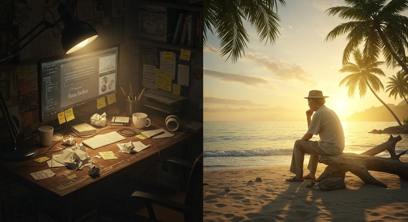 Comparative montage: left, chaotic desk symbolizing coding frustration; right, same person smiling, successfully using Kairos WP on a laptop, with 'stages of grief' icons floating.