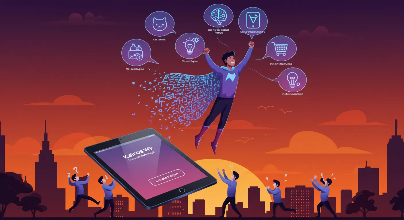 Illustration of a creative superhero floating above a city, generating plugins with gestures, while devs try to reach them. Kairos WP interface as a magic tablet.